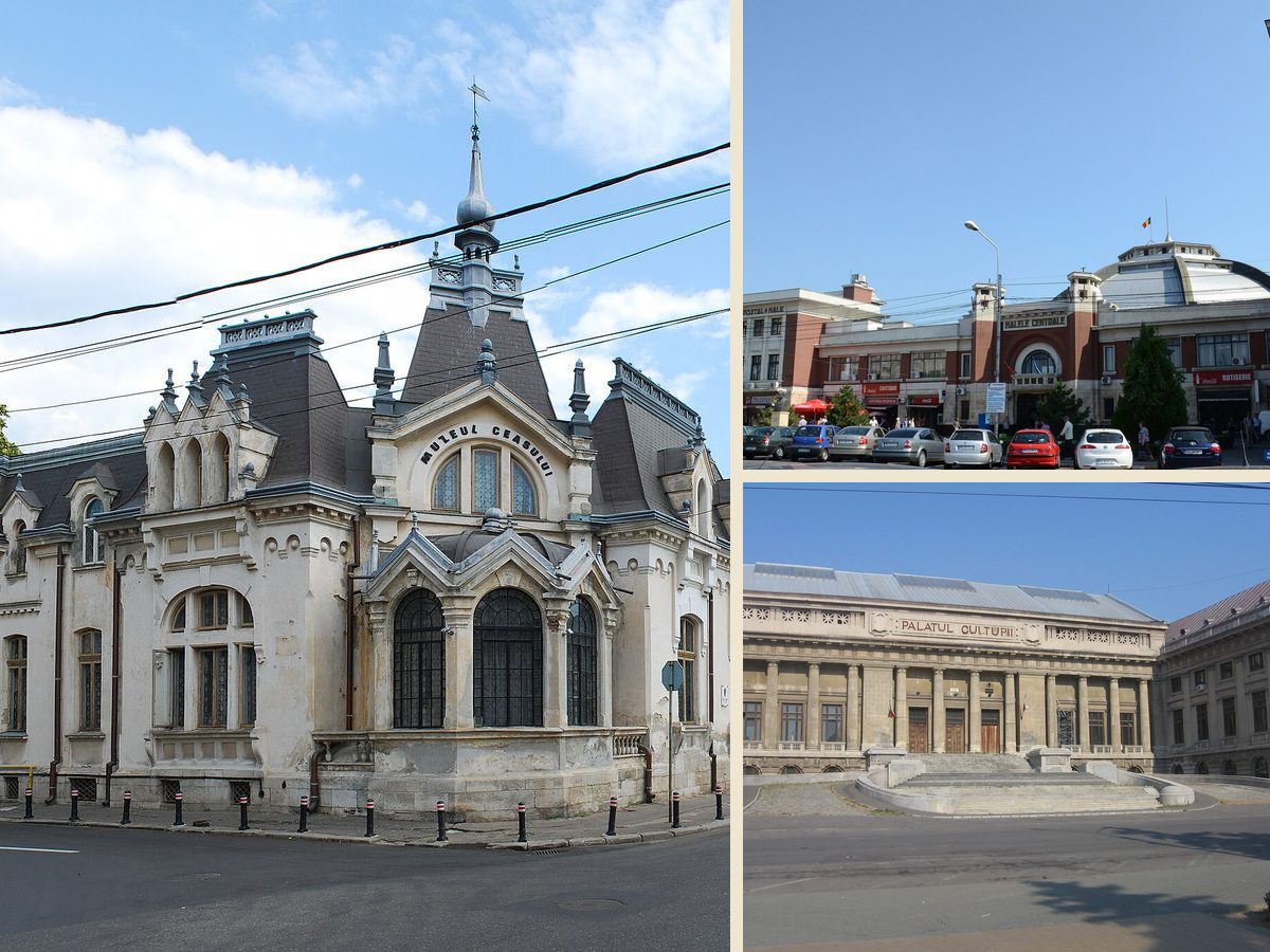 Colaj cu obiective turistice din Ploiești: Muzeul Ceasului, Halele Centrale și Palatul Culturii